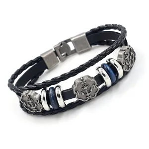 Vintage multi-layer leather bracelet for men featuring silver anchor and navy bead charms
