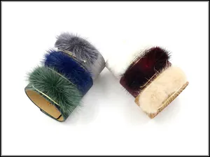 Wide PU leather bracelets with plush fur trim in six autumn colors with gold metal detail