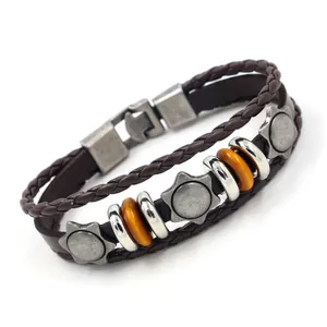 Retro multi-layer braided leather bracelet for men with silver stars and wooden beads