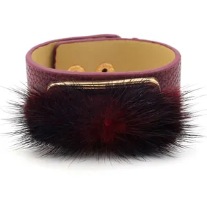 Wide burgundy faux leather cuff bracelet with lush faux fur and gold metal hardware