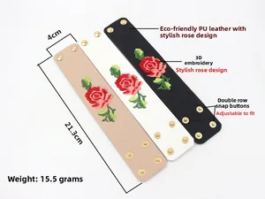 Bracelets larges en cuir PU pour femmes avec broderie rose et boutons dorés