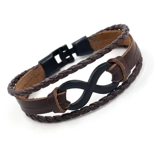 Men's dark brown multi-layer braided leather infinity symbol bracelet with black clasp