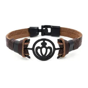 Braunes zweischichtiges Lederarmband mit mattschwarzer Krone und Metallverschluss für Herren