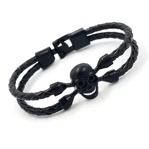 Punk Herren Rindsleder Geflochtenes Armband Schwarz Elektrophorese Totenkopf Gothic Lederarmband Retro Schmuck Geschenk Für Männer