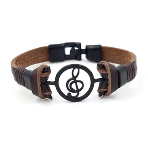 Vintage Lederarmband in Dunkelbraun mit schwarzem Notenschlüssel-Anhänger für Herren