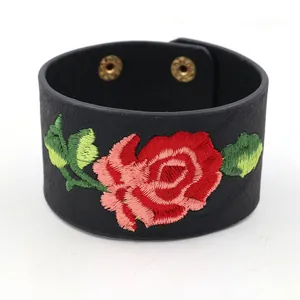 Wide black PU leather cuff bracelet with red rose floral embroidery and metal snaps
