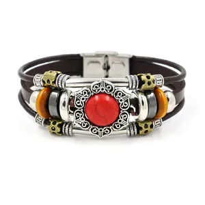 Bracelet multicouche en cuir de style bohème avec pierre rouge et perles vintage