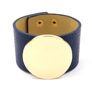 Navy blue lychee pattern leather cuff bracelet with polished gold metal circle