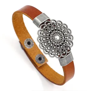 Vintage Cowhide Leather Bracelet Hollow Floral Alloy Medallion Snap Button Closure Punk Bohemian Jewelry For Men Women