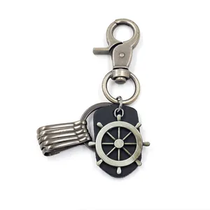 Herren-Retro-Leder-Schlüsselanhänger mit Bronze-Anker-Anhänger und Haken