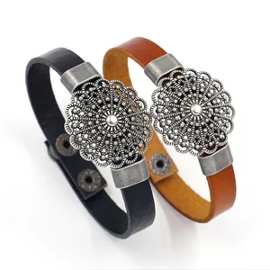 Retro leather bracelets with vintage silver flower pendants in black and brown colors