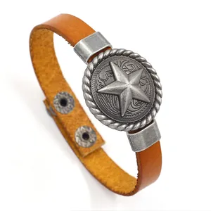Bracelet Homme Cuir Vachette Vintage Alliage Pentagramme Étoile Charm Punk Rock Large Manchette Bracelet Bijoux Rétro Cadeau