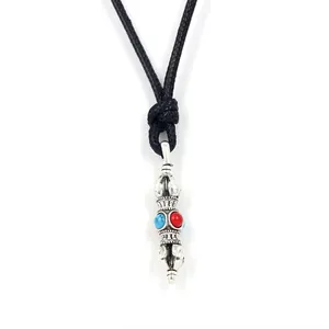 Ethnic Tibetan vajra pendant necklace with colorful turquoise beads on black cord