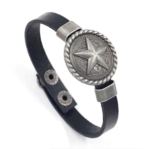 Bracelet vintage en cuir noir avec étoile pentagramme et boucle ajustable en alliage argenté