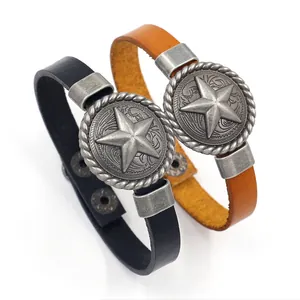 Bracelets en cuir avec étoile pentagramme rétro en noir et marron, finition métal