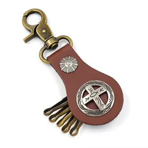 Punk-Stil brauner Leder-Schlüsselanhänger mit Bronze-Federhaken und fünf Metallringen