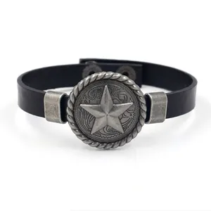 Bracelet rétro en cuir noir avec étoile pentagramme argentée et gravures