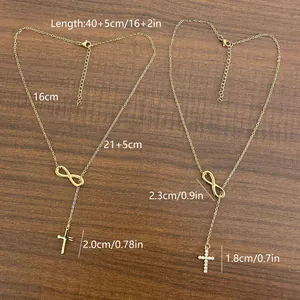 18K gold-plated infinity cross necklace with CZ stones, chain length 40+5cm 16+2in