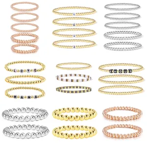 Handmade Stainless Steel Beaded Bracelet For Women Gold Silver Rose Gold Elastic LOVE MAMA Letter Beads Stackable Jewelry