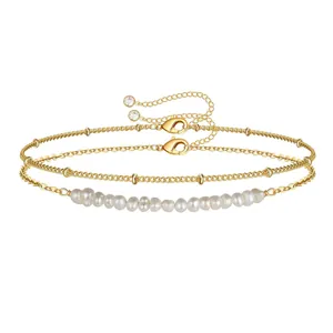 Triple-layer 18K gold plated stainless steel bracelet with baroque pearls and beads