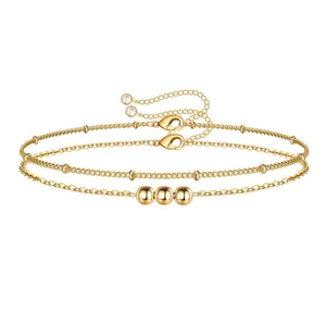 Three-layer 18K gold plated stainless steel chain bracelet with polished beads
