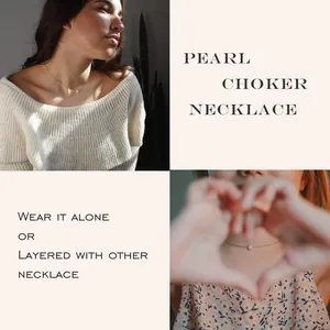Detail of 15 inch 18K gold plated pearl choker necklace worn on model for beach style