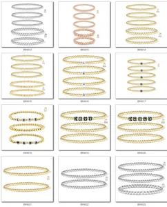 Close-up of 18K gold-plated beaded bracelet sets in gold, silver and rose gold tones