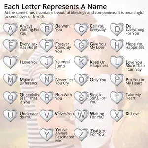 Macro detail of all 26 heart-shaped alphabet pendants in polished stainless steel