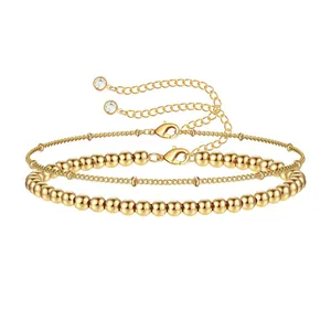 Double-layer 18K gold plated stainless steel bracelet set with beads and lobster clasp