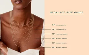 Detailed necklace size guide showing 14 to 24 inch gold chain lengths on a model