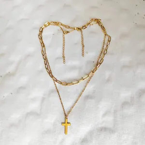 Double-layered gold stainless steel cross pendant necklace with paperclip chain