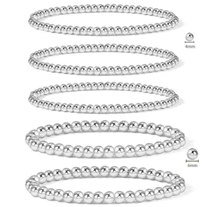 Detail view of 5-piece silver beaded bracelet set with 4mm and 6mm stainless steel beads