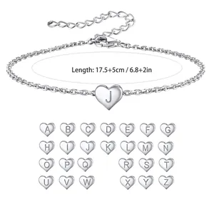 Silver stainless steel chain bracelet with heart alphabet pendant and A-Z options
