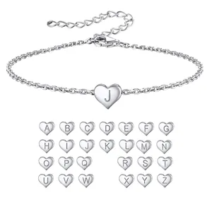 Minimalist Stainless Steel Initial Heart Pendant Chain Bracelet For Women Mirror Polished Alphabet A-Z Charm Adjustable Jewelry Gift