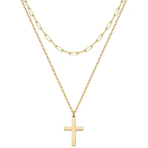 Minimalist Stainless Steel Double Layer Cross Necklace For Women Gold Silver Paperclip Chain Pendant Jewelry Set