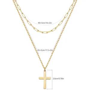 Double-layered gold paperclip chain and cross necklace set with detailed size markings