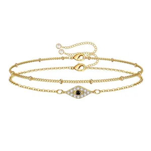 Double-layered 18K gold plated stainless steel bead chain evil eye bracelet set