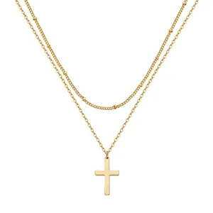 Double-layered golden stainless steel necklace with a classic cross pendant on a link chain