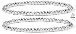 Detailed view of two 4mm polished stainless steel beaded elastic bracelets in silver tone