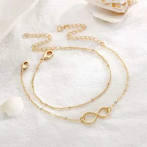 Detail of 18K gold-plated beaded bracelet set with infinity symbol and extender chains