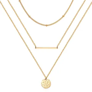 Collana Multistrato in Acciaio Inossidabile Placcato Oro 18K Donna Pendente a Disco Tondo Martellato Barra Gioielli Regalo