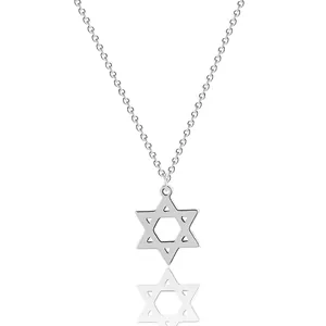 Close-up of polished silver Star of David pendant on a delicate stainless steel cross chain