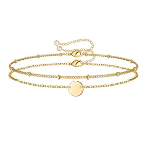 Three-layer 18K gold plated stainless steel bracelet set with bead chain and round disc charm