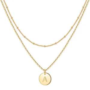 Stainless Steel Double Layer Initial Necklace Round Coin Letter Pendant Satellite Cable Chain For Women Fashion Jewelry