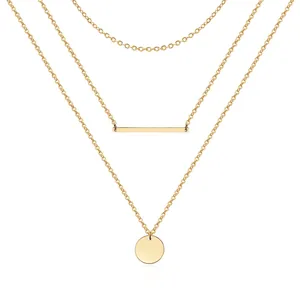 Layered Stainless Steel Chain Necklace Disc And Bar Pendants Gold Silver Tone Minimalist Fashion Jewelry For Women