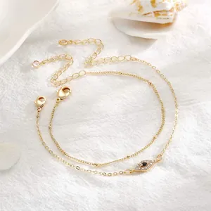 Double-layer 18K gold plated stainless steel bead chain and evil eye zircon bracelet set