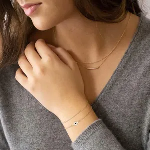 18K gold plated double layer necklace and evil eye bracelet set with zircon accents