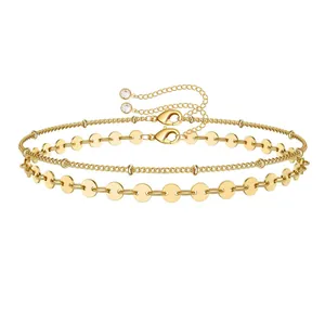 Double-layered 18K gold plated stainless steel bead and disc chain bracelet set for women