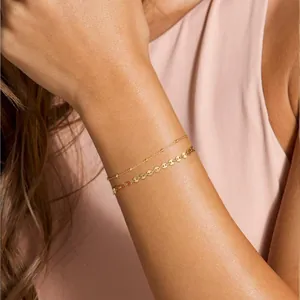 Double-layer 18K gold-plated stainless steel beaded chain and disc bracelet for women