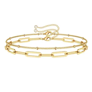 Double-layered golden paperclip and bead chain bracelet with zircon charms for women